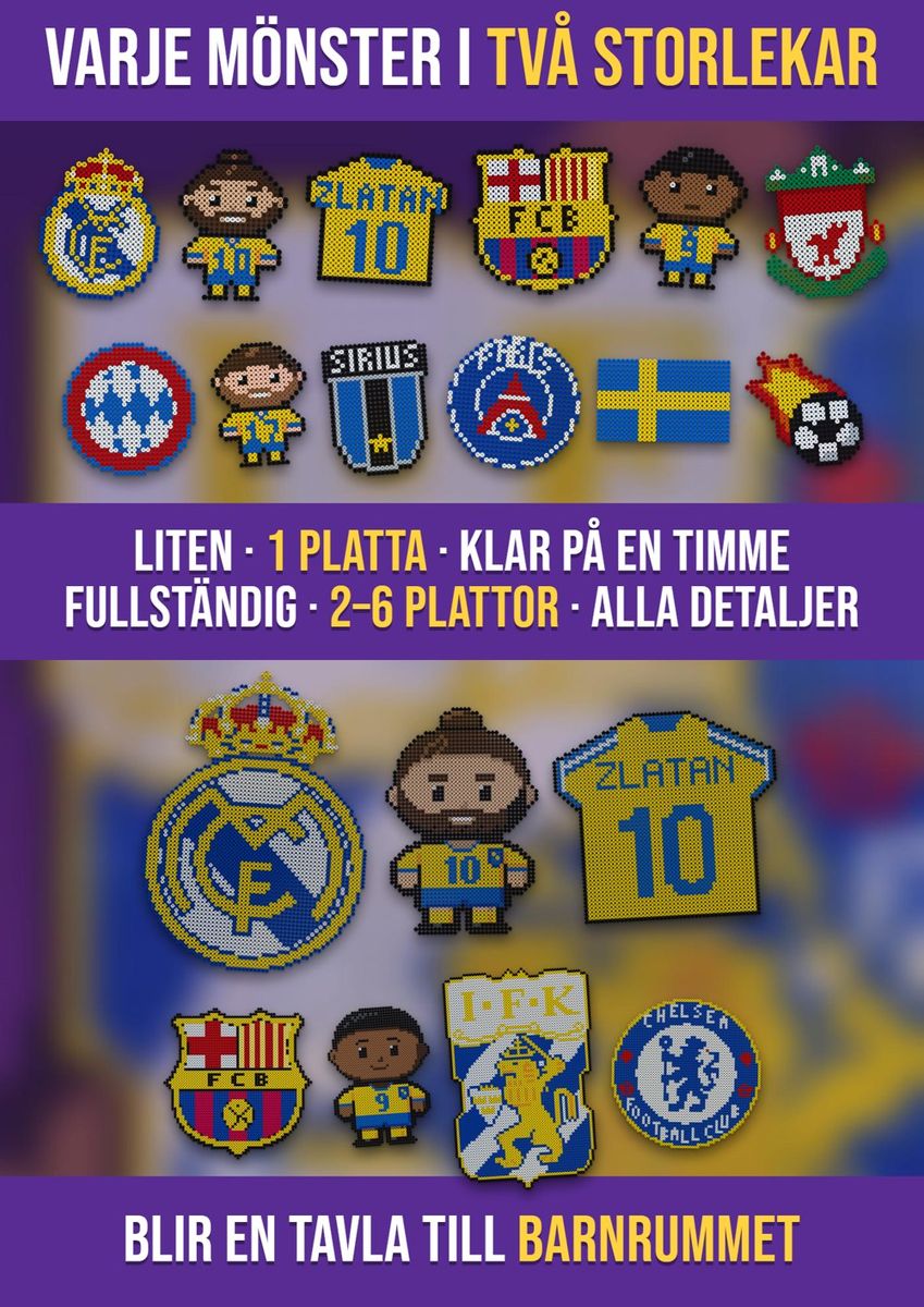 Samma fotbollsmönster i två storlekar: liten version på 1 platta och fullständig version på flera plattor