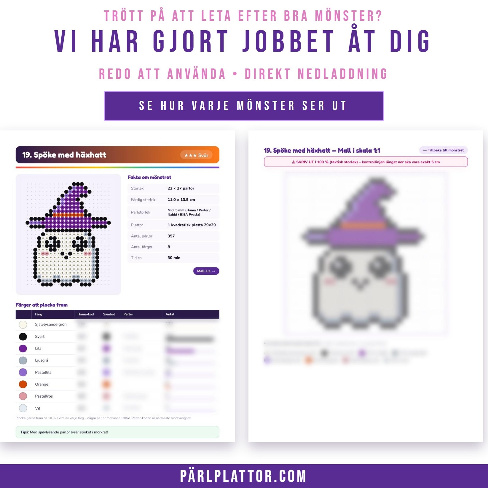 Så ser varje mönster ut i PDF:en: faktasida med storlek, antal pärlor och svårighetsgrad