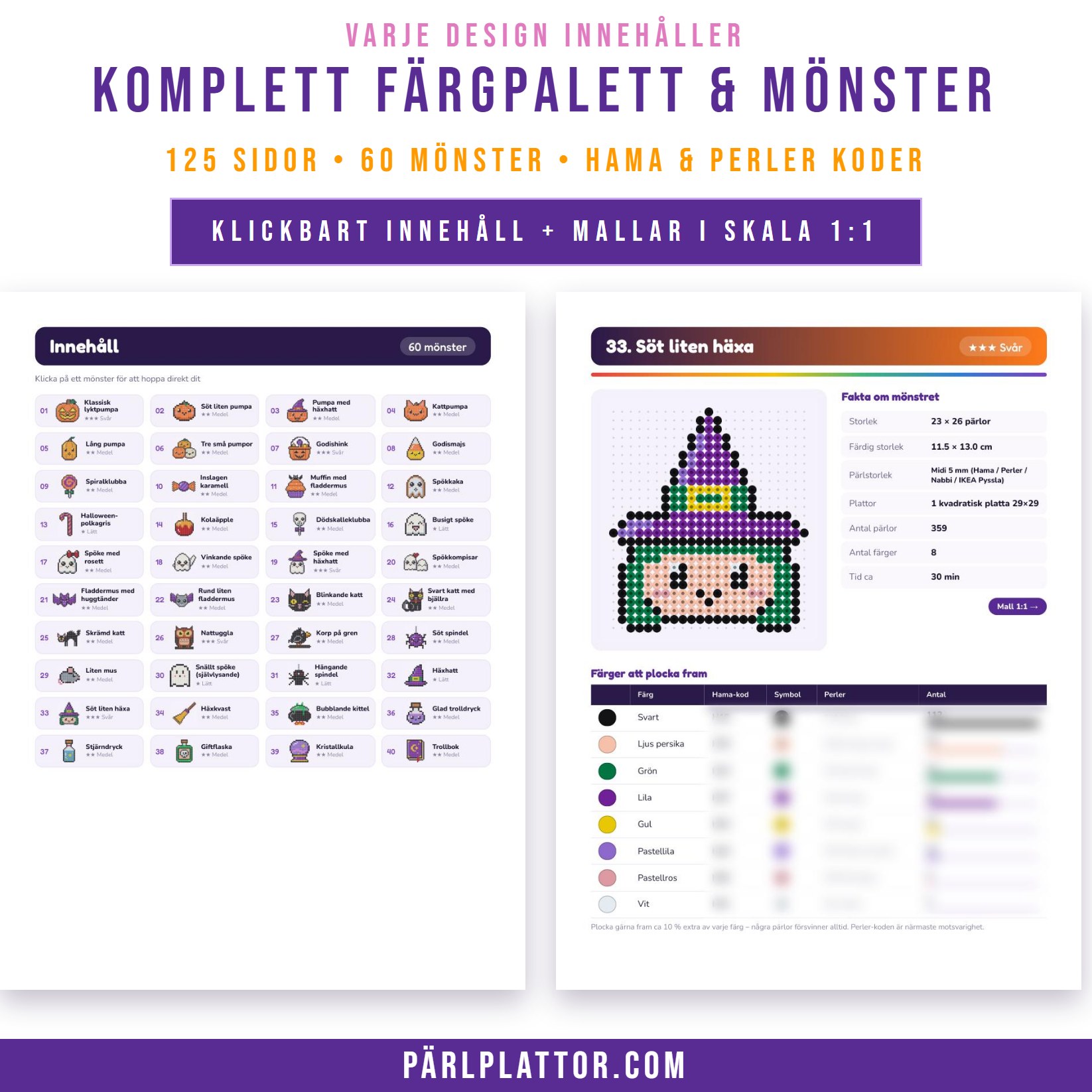 Komplett färgpalett med Hama- och Perler-koder och utskrivbar mall i skala 1:1