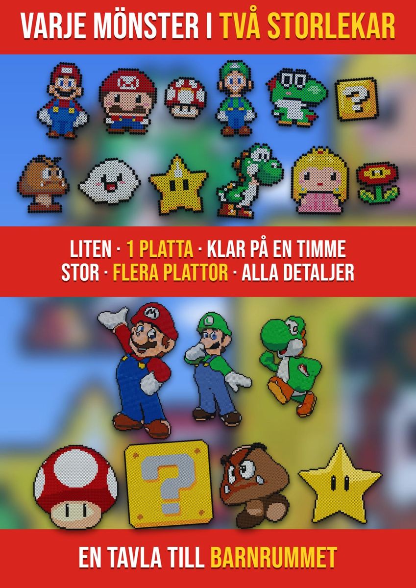 Samma Super Mario-mönster i två storlekar: liten version på 1 platta och stor version på flera plattor
