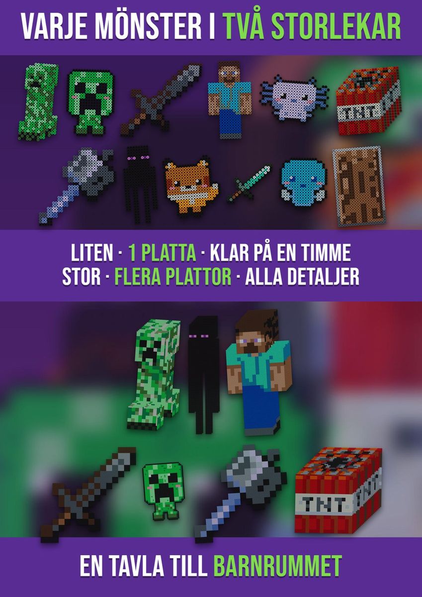 Samma Minecraft-mönster i två storlekar: liten version på 1 platta och stor version på flera plattor